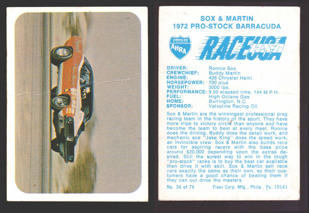 Race USA AHRA Drag Champs 1973 Fleer Vintage Trading Cards You Pick Singles 34 of 74   Sox & Martin (creased)  - TvMovieCards.com