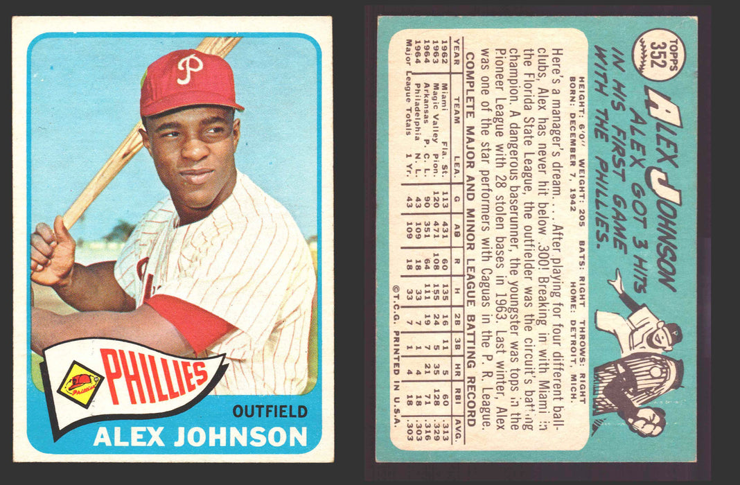 1965 Topps Baseball Trading Card You Pick Singles #300-#399 VG/EX #	352 Alex Johnson - Philadelphia Phillies RC  - TvMovieCards.com