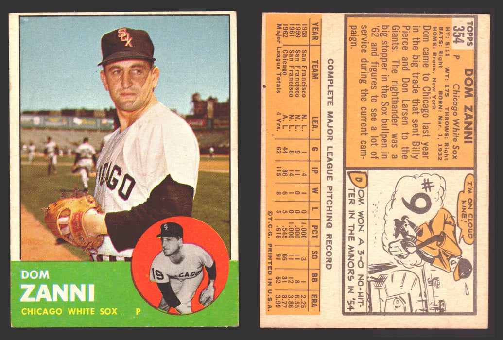 1963 Topps Baseball Trading Card You Pick Singles #300-#399 VG/EX #	354 Dom Zanni - Chicago White Sox  - TvMovieCards.com