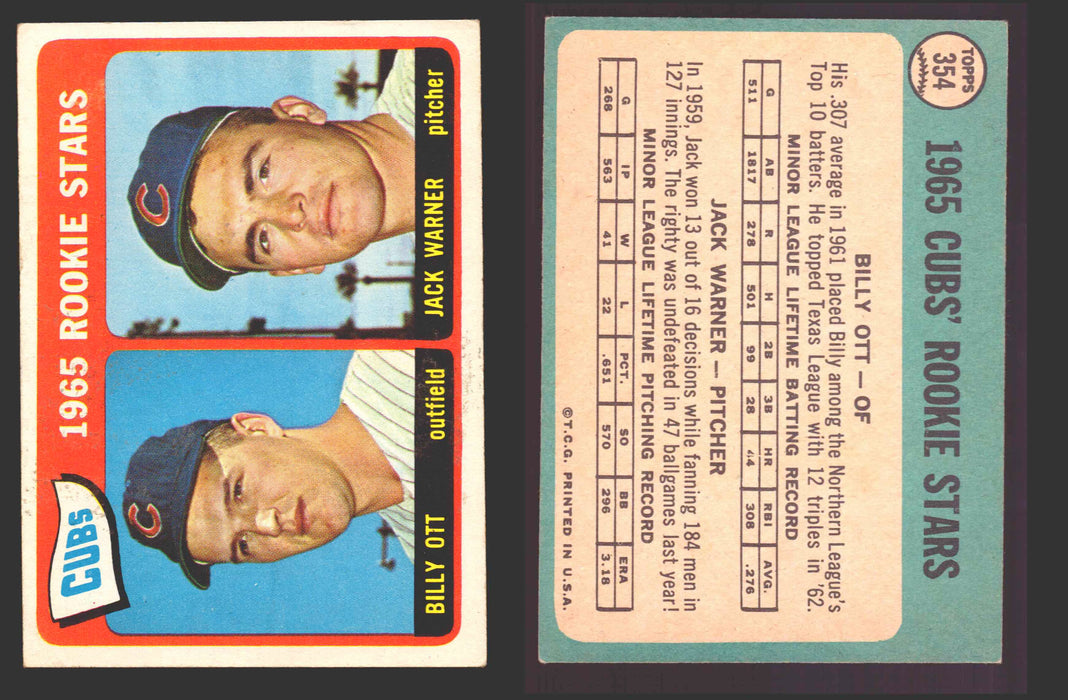1965 Topps Baseball Trading Card You Pick Singles #300-#399 VG/EX #	354 Cubs Rookies - Billy Ott / Jack Warner RC  - TvMovieCards.com