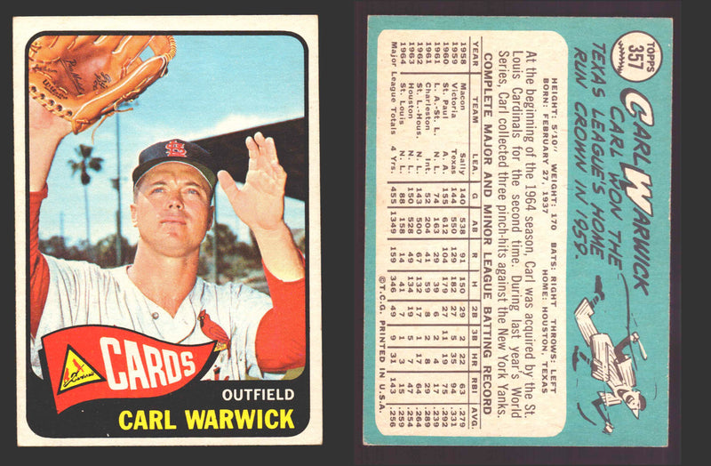 1965 Topps Baseball Trading Card You Pick Singles #300-#399 VG/EX #	357 Carl Warwick - St. Louis Cardinals  - TvMovieCards.com