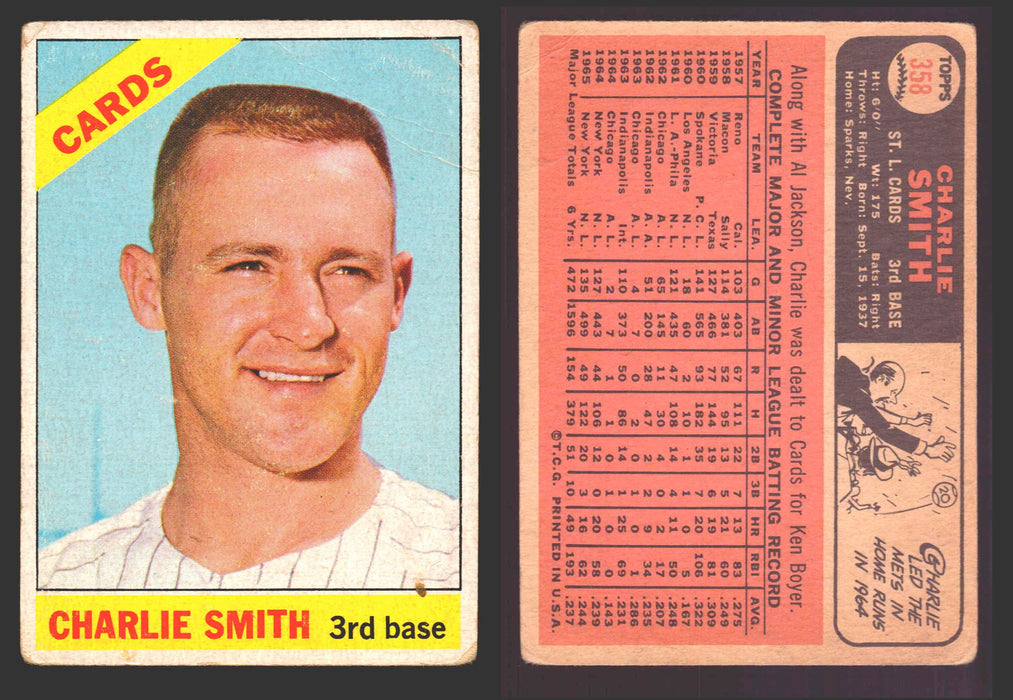 1966 Topps Baseball Trading Card You Pick Singles #100-#399 VG/EX #	358 Charlie Smith - St. Louis Cardinals  - TvMovieCards.com