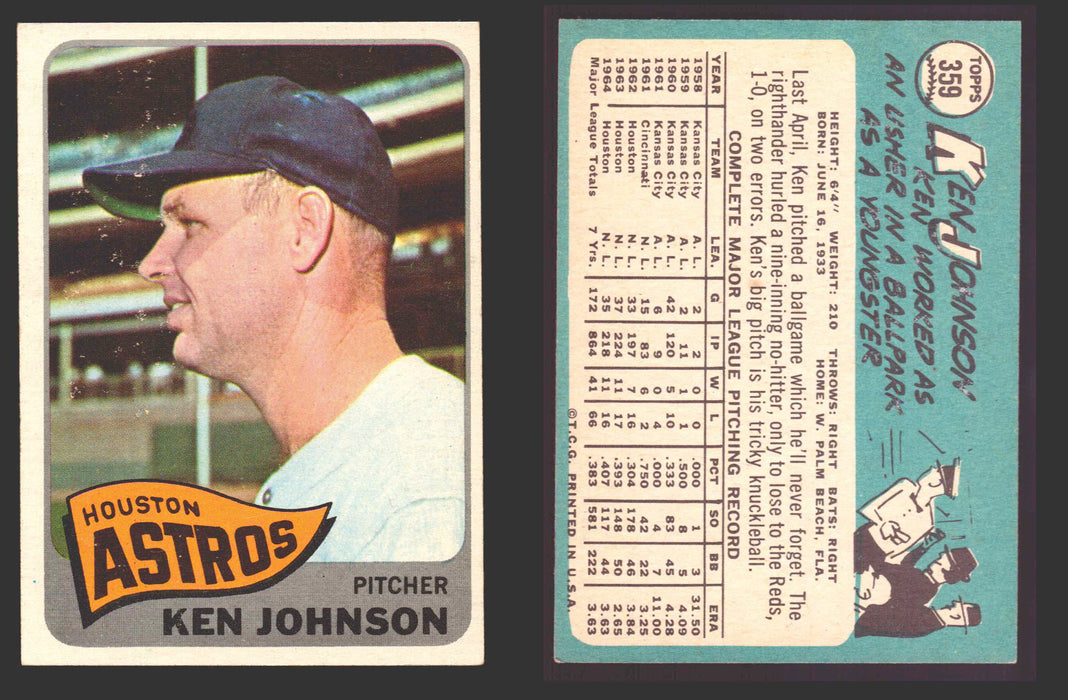 1965 Topps Baseball Trading Card You Pick Singles #300-#399 VG/EX #	359 Ken Johnson - Houston Astros  - TvMovieCards.com
