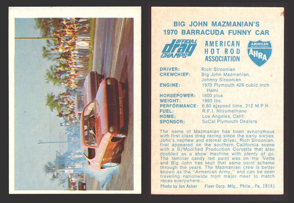 AHRA Official Drag Champs 1971 Fleer Vintage Trading Cards You Pick Singles #1-63 35   "Big John" Mazmanian's                           1970 Barracuda Funny Car  - TvMovieCards.com