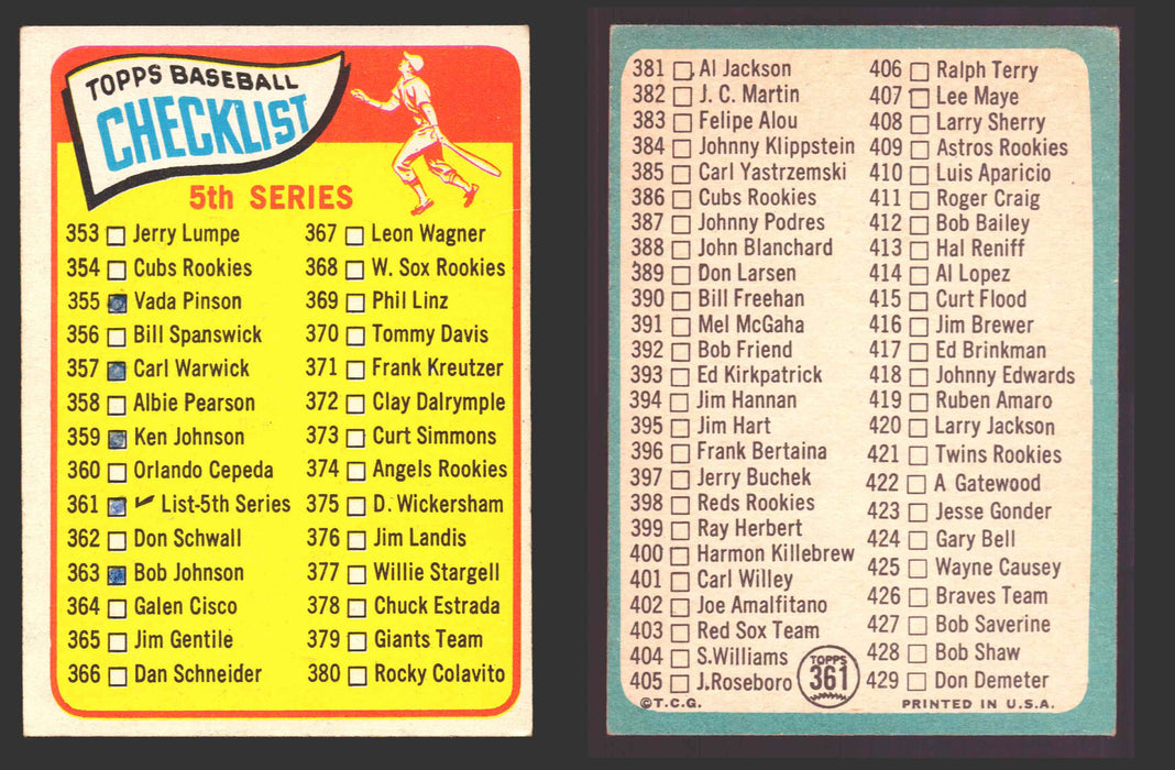 1965 Topps Baseball Trading Card You Pick Singles #300-#399 VG/EX #	361 Checklist 353-429 (marked)  - TvMovieCards.com