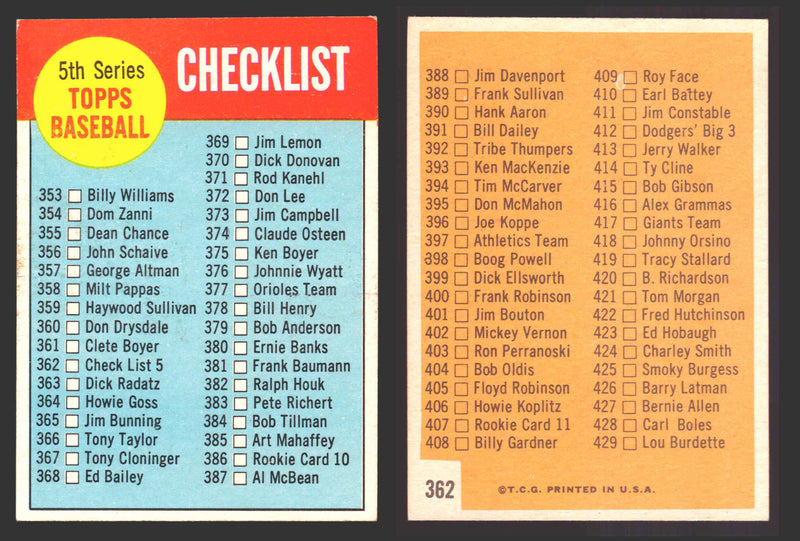1963 Topps Baseball Trading Card You Pick Singles #300-#399 VG/EX #	362 Checklist 353-429  - TvMovieCards.com