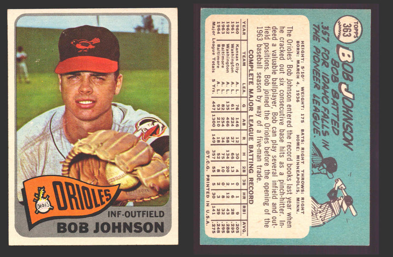 1965 Topps Baseball Trading Card You Pick Singles #300-#399 VG/EX #	363 Bob Johnson - Baltimore Orioles  - TvMovieCards.com