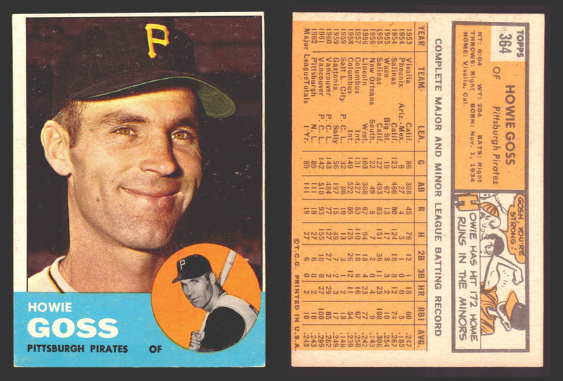 1963 Topps Baseball Trading Card You Pick Singles #300-#399 VG/EX #	364 Howie Goss - Pittsburgh Pirates  - TvMovieCards.com