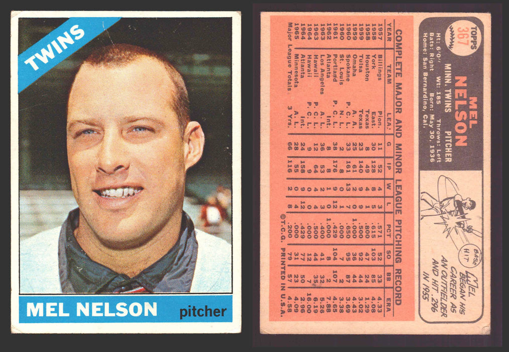 1966 Topps Baseball Trading Card You Pick Singles #100-#399 VG/EX #	367 Mel Nelson - Minnesota Twins  - TvMovieCards.com