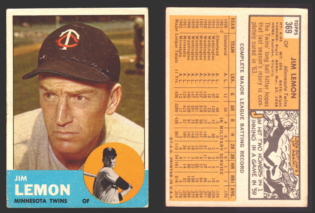 1963 Topps Baseball Trading Card You Pick Singles #300-#399 VG/EX #	369 Jim Lemon - Minnesota Twins  - TvMovieCards.com