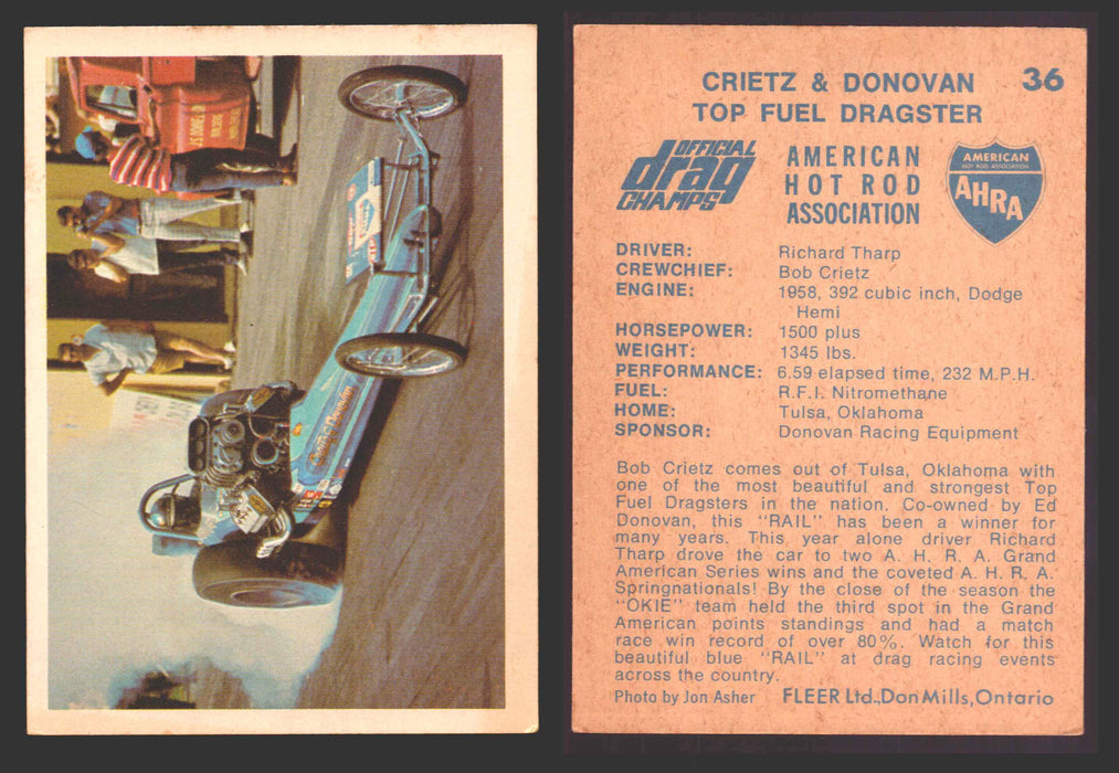 AHRA Official Drag Champs 1971 Fleer Canada Trading Cards You Pick Singles #1-63 36   Crietz & Donovan  - TvMovieCards.com