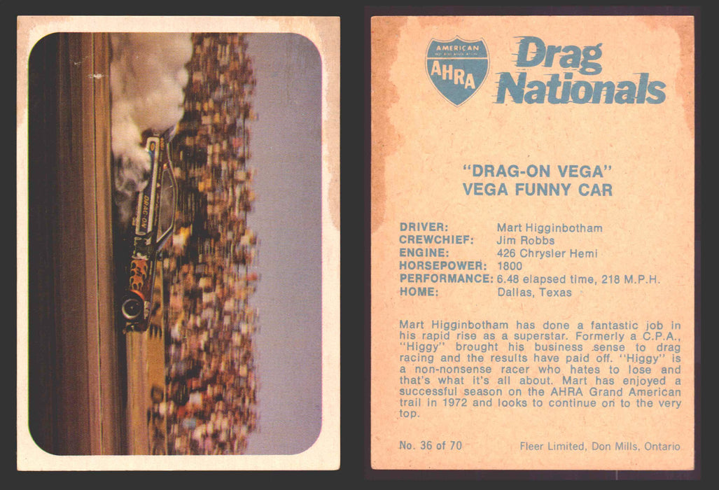 AHRA Drag Nationals 1971 Fleer Canada Trading Cards You Pick Singles #1-70 36 of 70   "Drag-On Vega"                  Vega Funny Car  - TvMovieCards.com