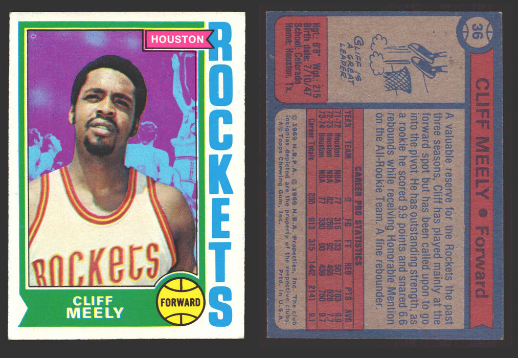 1974-75 Topps Basketball Trading Card You Pick Singles #1-#99 VG/EX #	36 Cliff Meely - Houston Rockets  - TvMovieCards.com