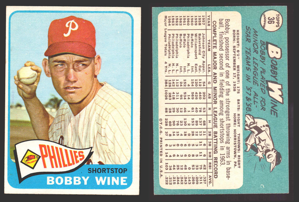 1965 Topps Baseball Trading Card You Pick Singles #1-#99 VG/EX #	36 Bobby Wine - Philadelphia Phillies  - TvMovieCards.com