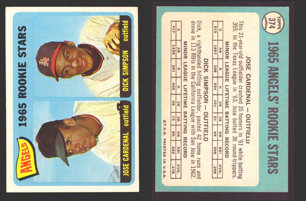 1965 Topps Baseball Trading Card You Pick Singles #300-#399 VG/EX #	374 Angels Rookies - Jose Cardenal / Dick Simpson RC  - TvMovieCards.com