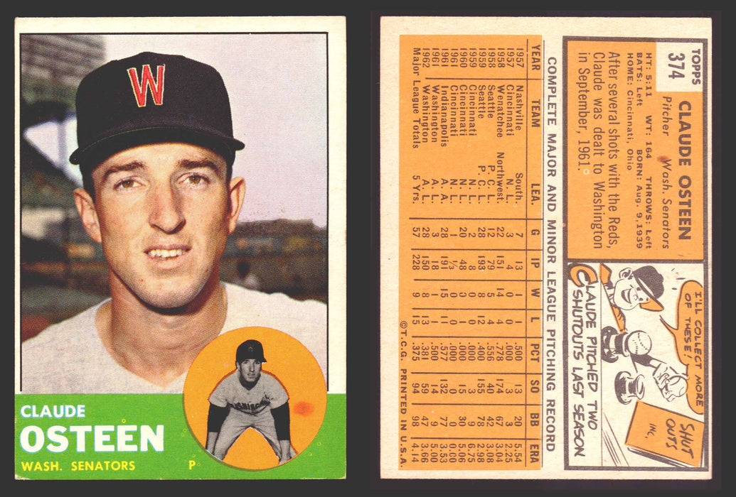 1963 Topps Baseball Trading Card You Pick Singles #300-#399 VG/EX #	374 Claude Osteen - Washington Senators  - TvMovieCards.com