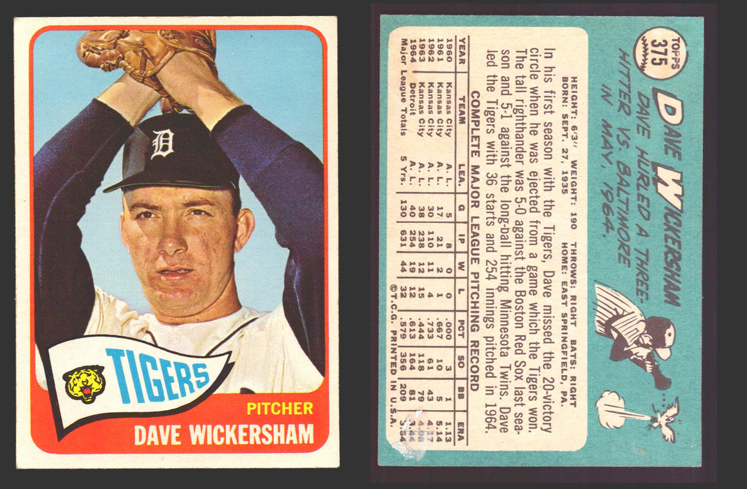 1965 Topps Baseball Trading Card You Pick Singles #300-#399 VG/EX #	375 Dave Wickersham - Detroit Tigers  - TvMovieCards.com