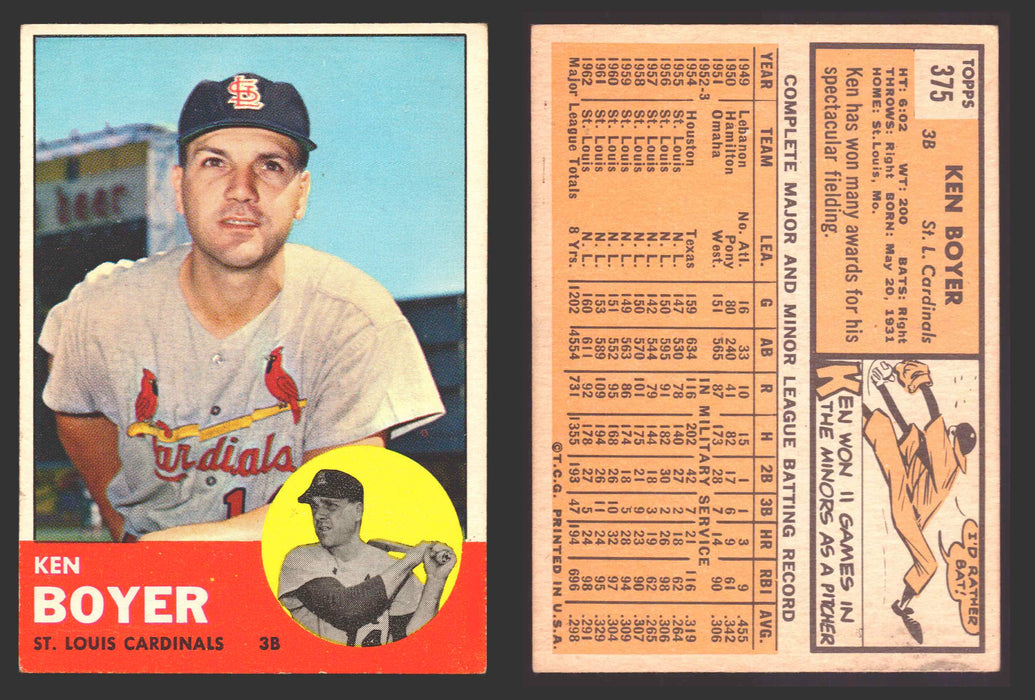 1963 Topps Baseball Trading Card You Pick Singles #300-#399 VG/EX #	375 Ken Boyer - St. Louis Cardinals  - TvMovieCards.com