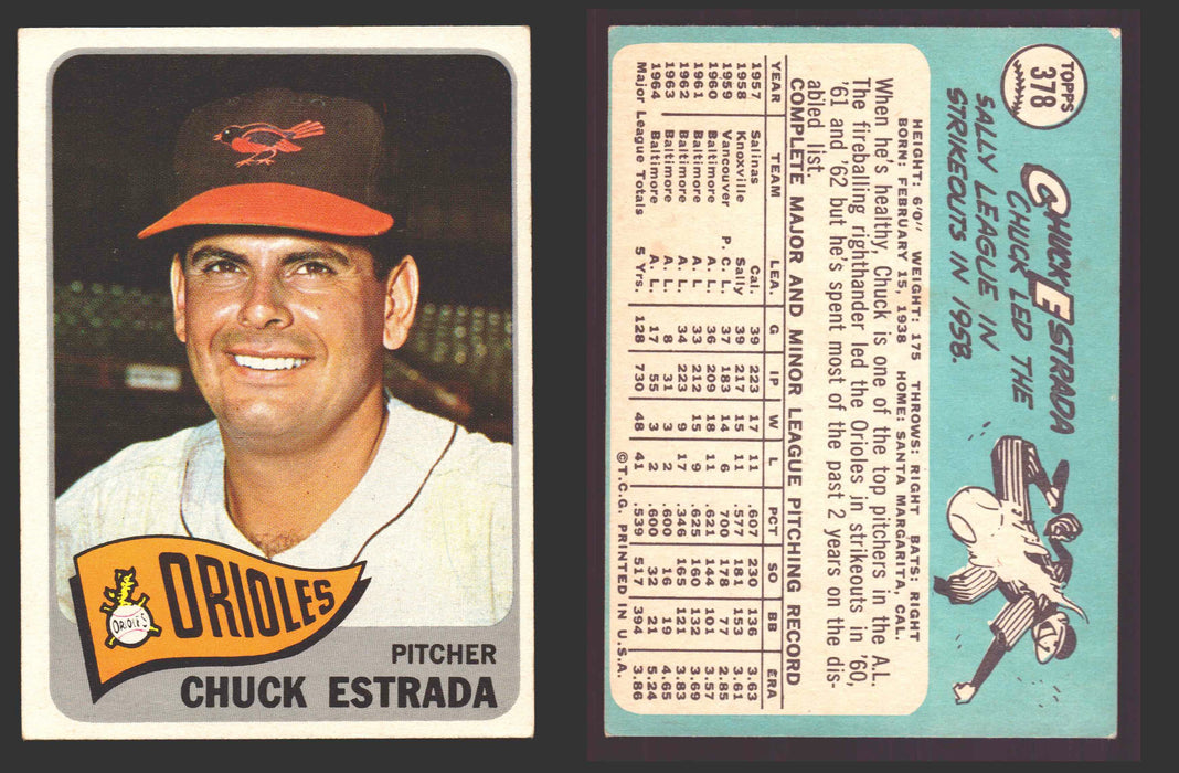 1965 Topps Baseball Trading Card You Pick Singles #300-#399 VG/EX #	378 Chuck Estrada - Baltimore Orioles  - TvMovieCards.com
