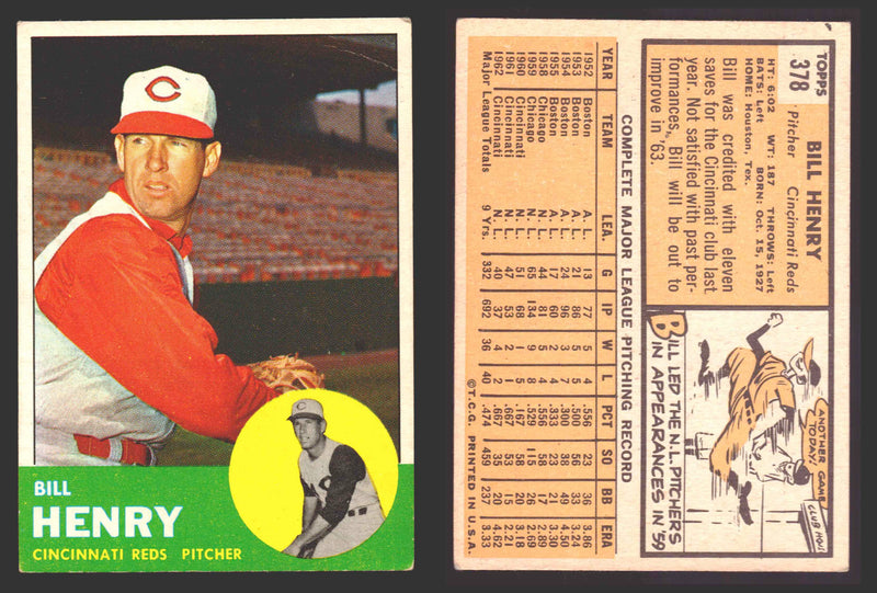 1963 Topps Baseball Trading Card You Pick Singles #300-#399 VG/EX #	378 Bill Henry - Cincinnati Reds (creased)  - TvMovieCards.com
