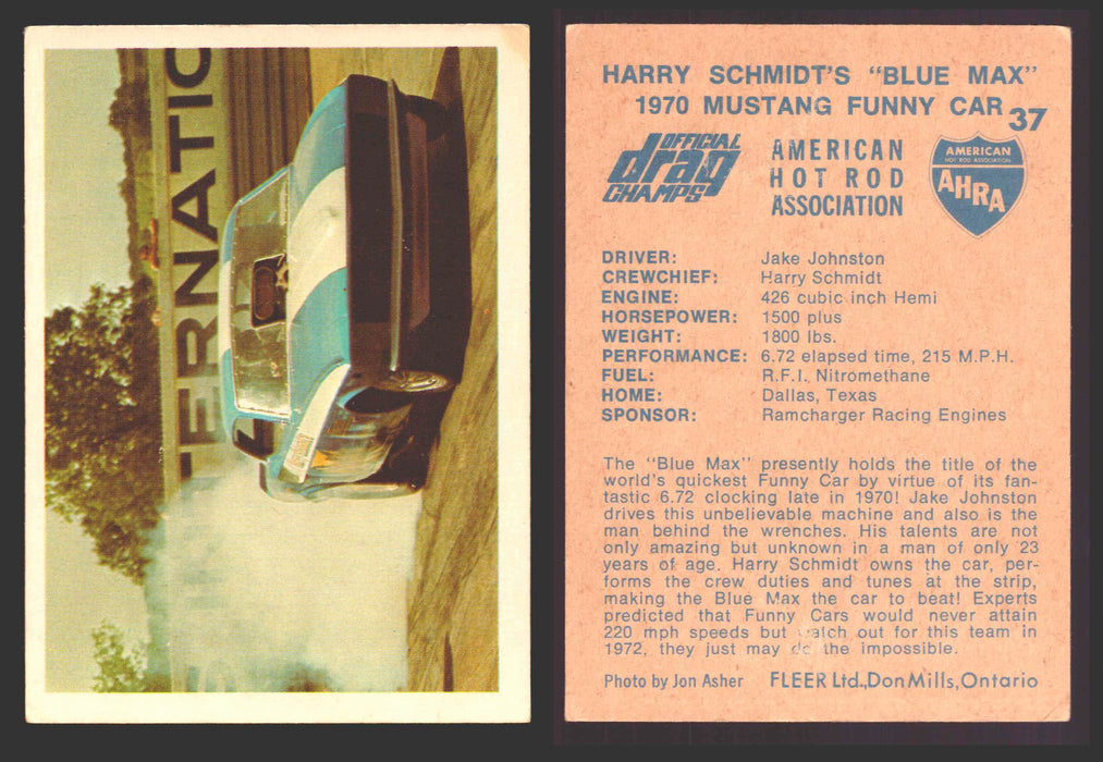 AHRA Official Drag Champs 1971 Fleer Canada Trading Cards You Pick Singles #1-63 37   Harry Schmidt's "Blue Max"                       1970 Mustang Funny Car  - TvMovieCards.com
