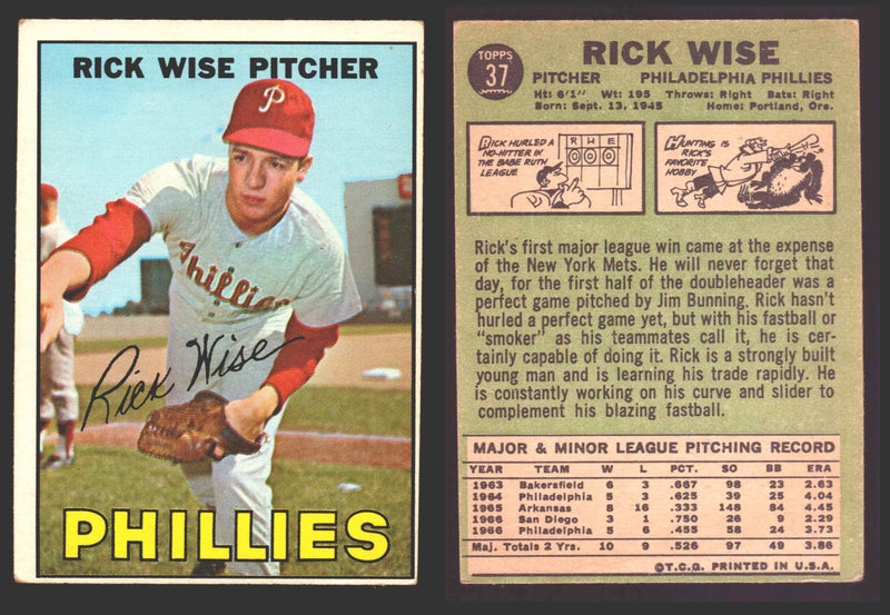 1967 Topps Baseball Trading Card You Pick Singles #1-#99 VG/EX #	37 Rick Wise - Philadelphia Phillies  - TvMovieCards.com