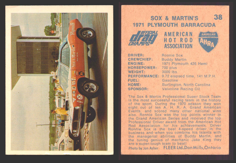 AHRA Official Drag Champs 1971 Fleer Canada Trading Cards You Pick Singles #1-63 38   Sox & Martin's  - TvMovieCards.com