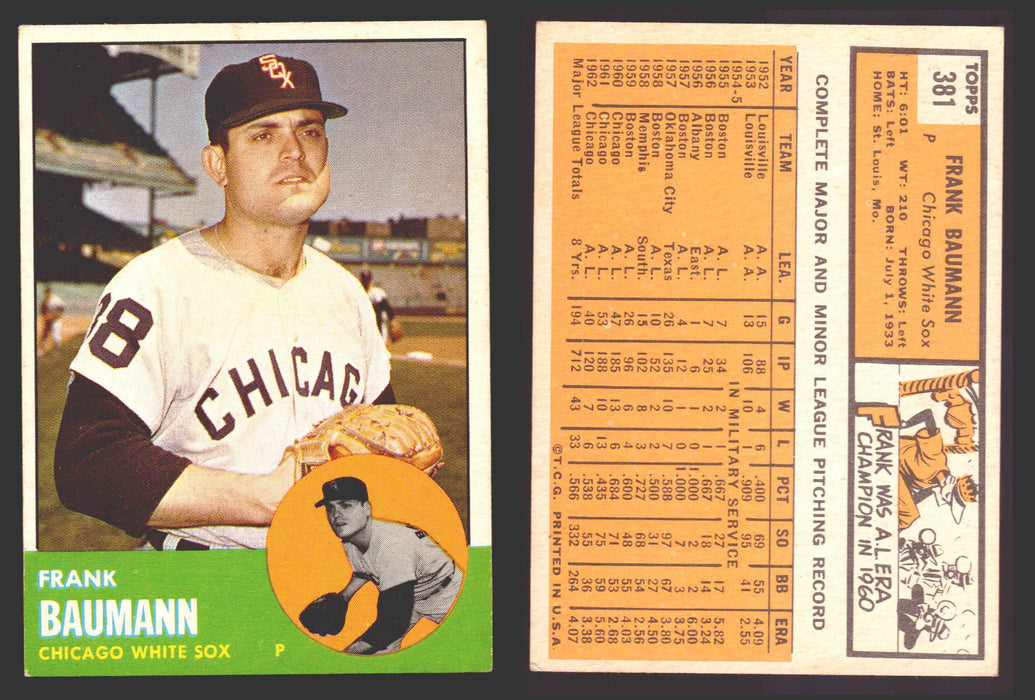 1963 Topps Baseball Trading Card You Pick Singles #300-#399 VG/EX #	381 Frank Baumann - Chicago White Sox  - TvMovieCards.com