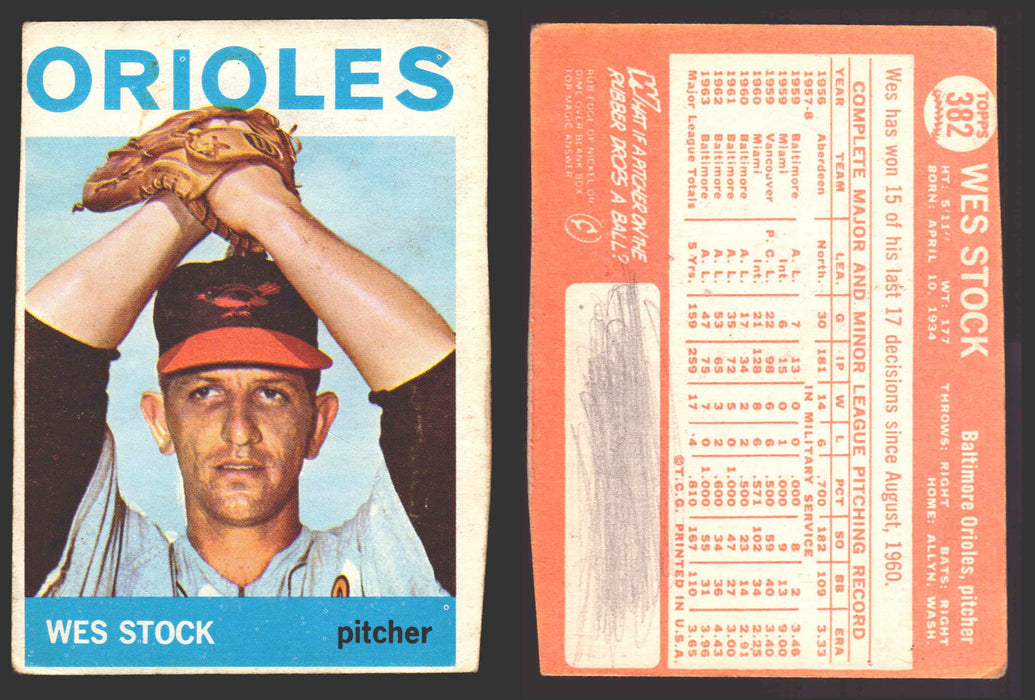 1964 Topps Baseball Trading Card You Pick Singles #300-#587 G/VG/EX #	382 Wes Stock - Baltimore Orioles (marked)  - TvMovieCards.com