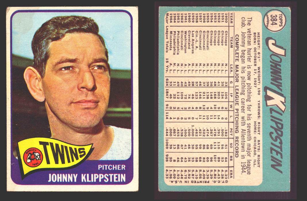 1965 Topps Baseball Trading Card You Pick Singles #300-#399 VG/EX #	384 Johnny Klippstein - Minnesota Twins  - TvMovieCards.com