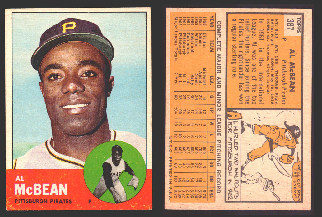 1963 Topps Baseball Trading Card You Pick Singles #300-#399 VG/EX #	387 Al McBean - Pittsburgh Pirates  - TvMovieCards.com