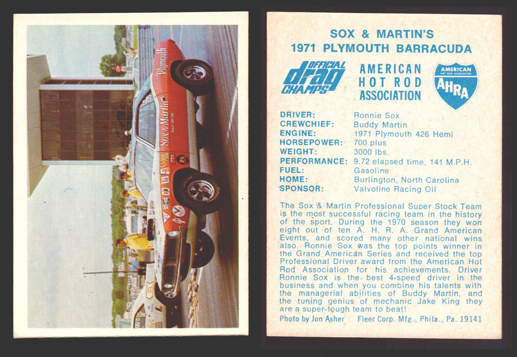 AHRA Official Drag Champs 1971 Fleer Vintage Trading Cards You Pick Singles #1-63 38   Sox & Martin's  - TvMovieCards.com