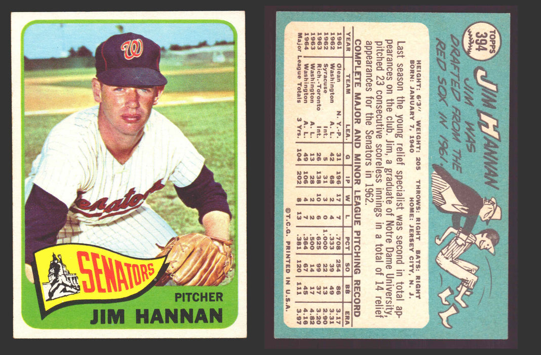 1965 Topps Baseball Trading Card You Pick Singles #300-#399 VG/EX #	394 Jim Hannan - Washington Senators  - TvMovieCards.com