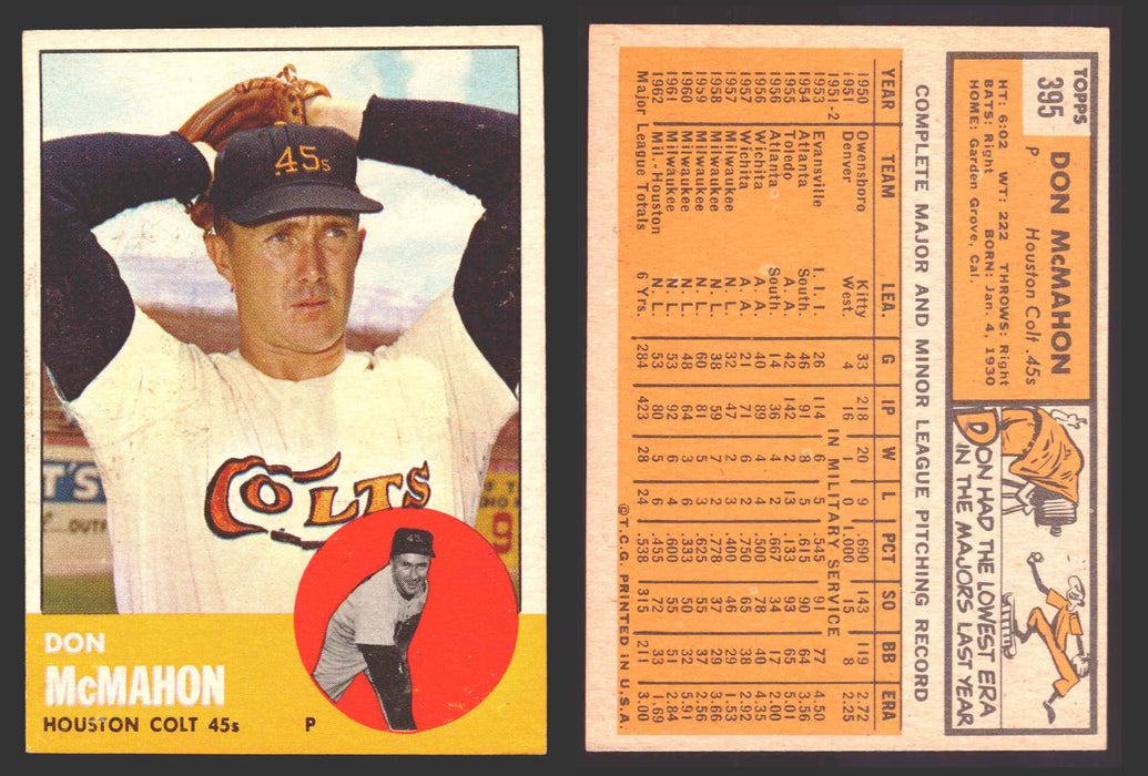 1963 Topps Baseball Trading Card You Pick Singles #300-#399 VG/EX #	395 Don McMahon - Houston Colt .45's  - TvMovieCards.com