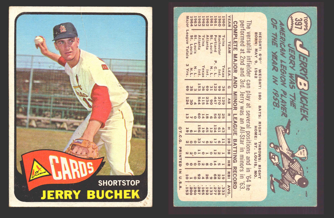 1965 Topps Baseball Trading Card You Pick Singles #300-#399 VG/EX #	397 Jerry Buchek - St. Louis Cardinals (creased)  - TvMovieCards.com