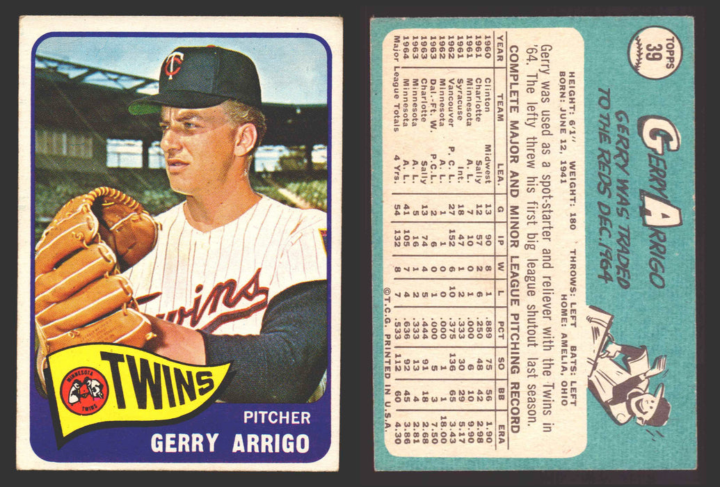 1965 Topps Baseball Trading Card You Pick Singles #1-#99 VG/EX #	39 Gerry Arrigo - Minnesota Twins  - TvMovieCards.com