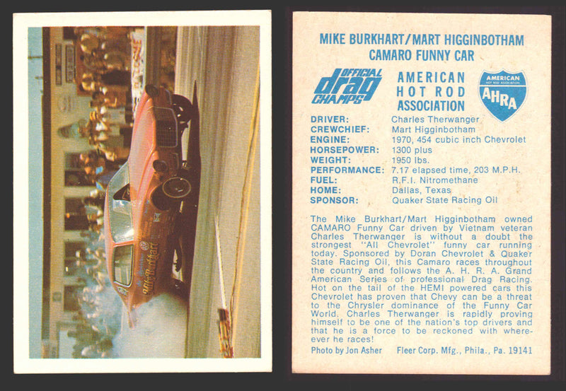 AHRA Official Drag Champs 1971 Fleer Vintage Trading Cards You Pick Singles #1-63 39   Mike Burkhart/Mart Higginbotham                  Camaro Funny Car  - TvMovieCards.com