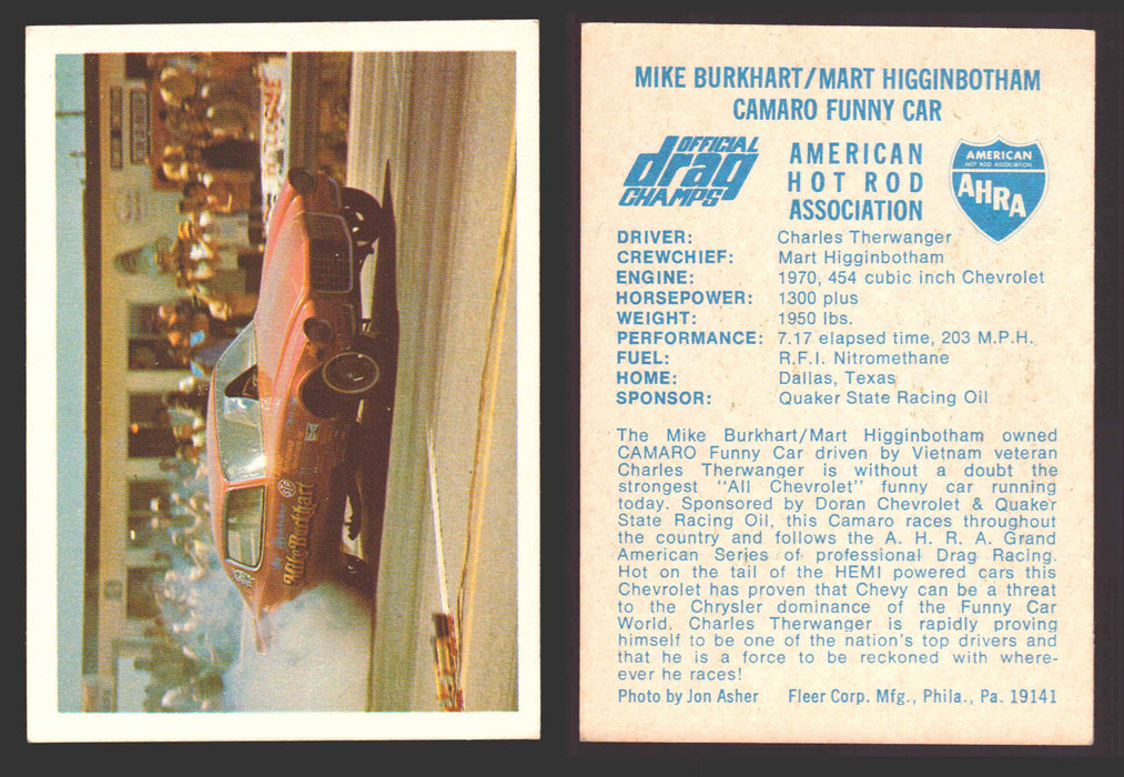 AHRA Official Drag Champs 1971 Fleer Vintage Trading Cards You Pick Singles #1-63 39   Mike Burkhart/Mart Higginbotham                  Camaro Funny Car  - TvMovieCards.com