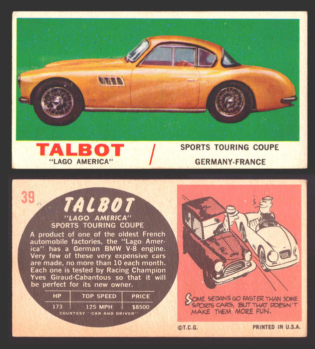 1961 Topps Sports Cars (White Back) Vintage Trading Cards #1-#66 You Pick Singles #39   Talbot "Lago America"  - TvMovieCards.com