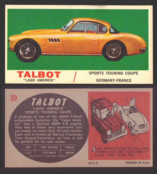 1961 Topps Sports Cars (Gray Back) Vintage Trading Cards #1-#66 You Pick Singles #39   Talbot "Lago America"  - TvMovieCards.com