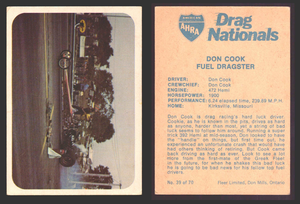 AHRA Drag Nationals 1971 Fleer Canada Trading Cards You Pick Singles #1-70 39 of 70   Don Cook                        Fuel Dragster  - TvMovieCards.com