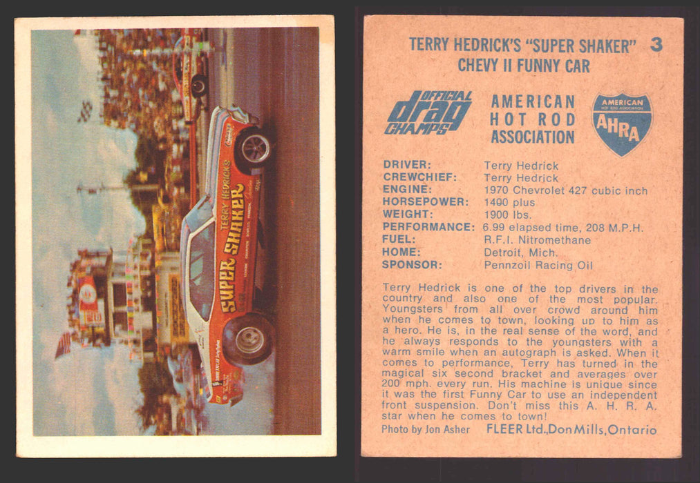 AHRA Official Drag Champs 1971 Fleer Canada Trading Cards You Pick Singles #1-63 3   Terry Hedrick's "Super Shaker"                   Chevy II Funny Car  - TvMovieCards.com