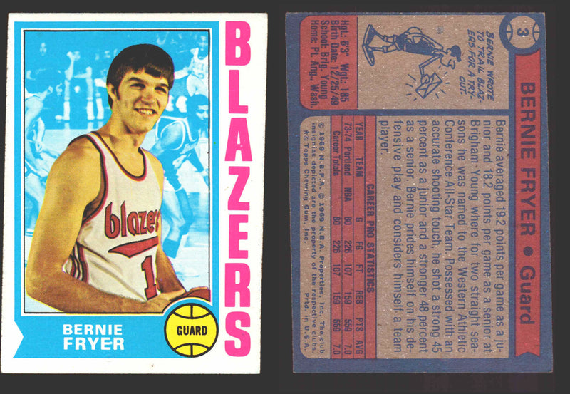 1974-75 Topps Basketball Trading Card You Pick Singles #1-#99 VG/EX #	3 Bernie Fryer - Portland Trail Blazers RC  - TvMovieCards.com