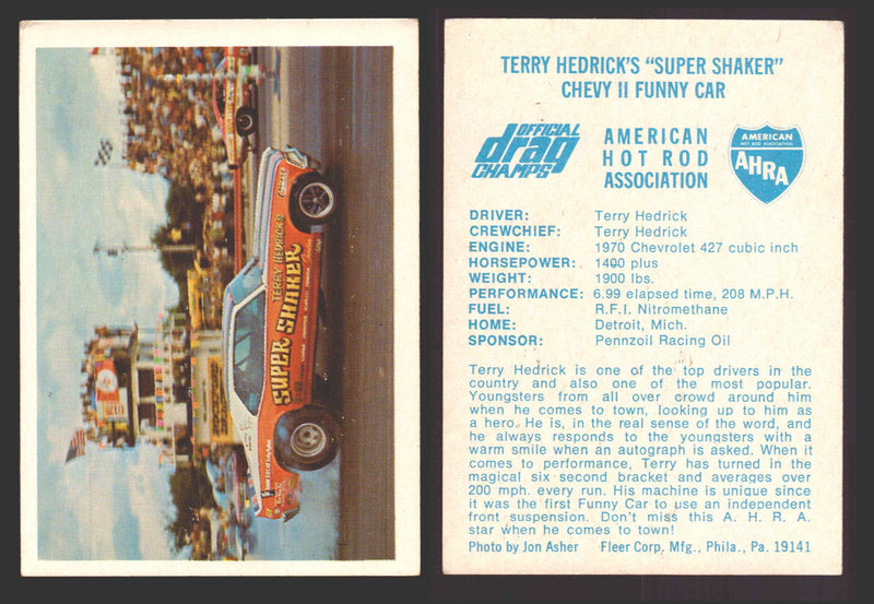 AHRA Official Drag Champs 1971 Fleer Vintage Trading Cards You Pick Singles #1-6 3 Terry Hedrick's "Super Shaker" Chevy II Funny Car - TvMovieCards.com