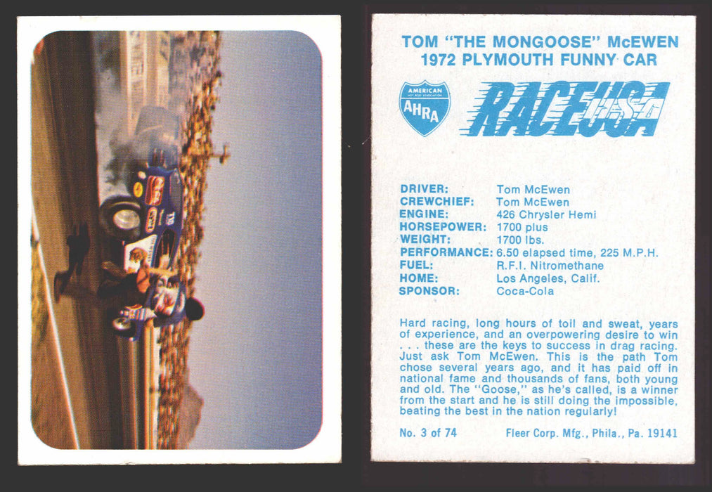 Race USA AHRA Drag Champs 1973 Fleer Vintage Trading Cards You Pick Singles 3 of 74    Tom "The Mongoose" McEwen  - TvMovieCards.com