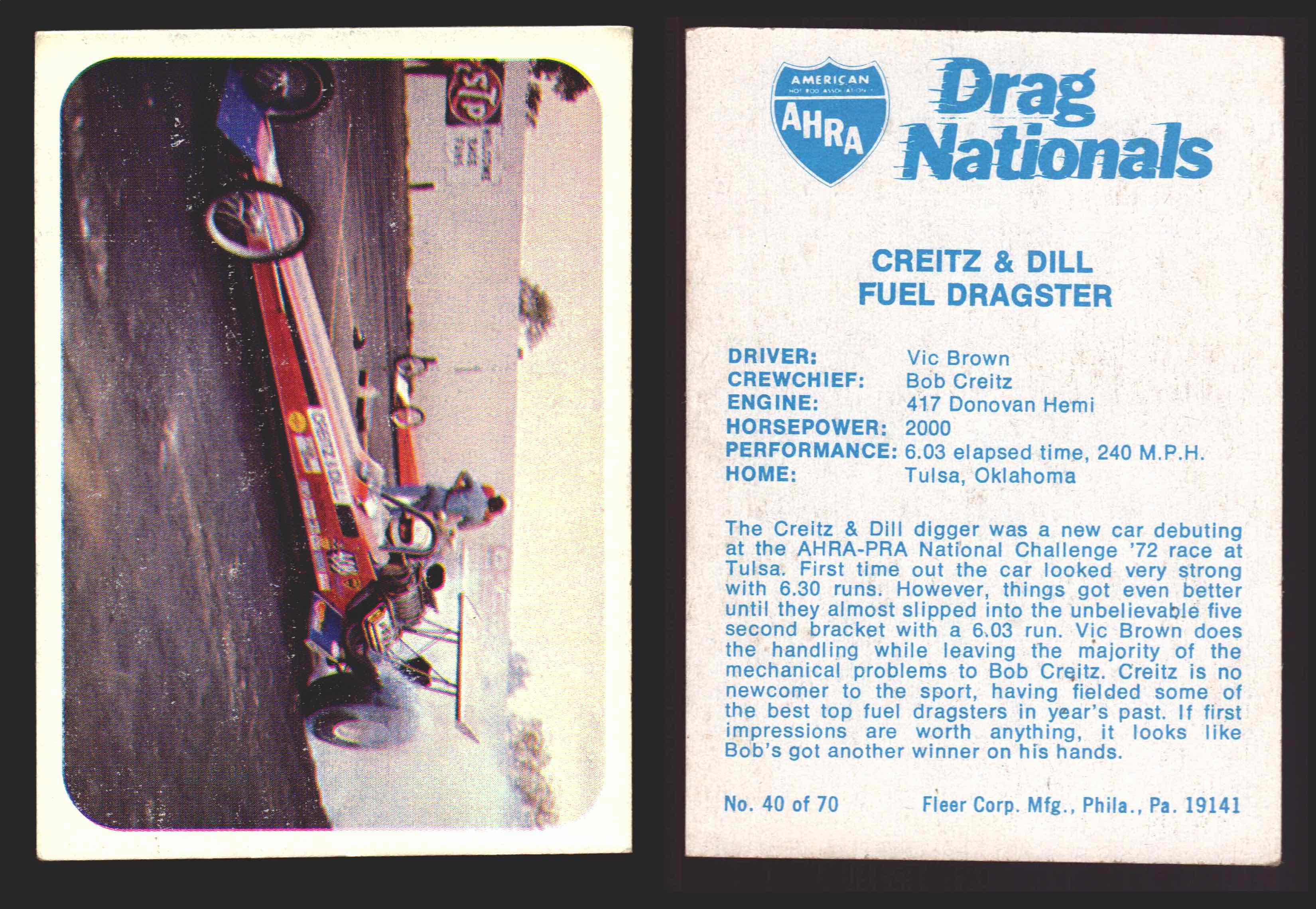 AHRA Drag Nationals 1971 Fleer USA White Trading Cards You Pick
