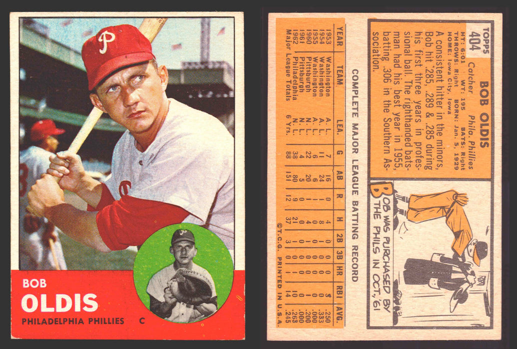 1963 Topps Baseball Trading Card You Pick Singles #400-#499 VG/EX #	404 Bob Oldis - Philadelphia Phillies  - TvMovieCards.com