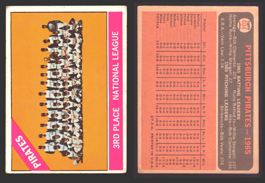 1966 Topps Baseball Trading Card You Pick Singles #400-#598VG/EX #	404 Pittsburgh Pirates Team  - TvMovieCards.com
