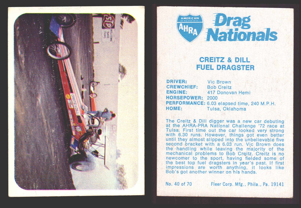 AHRA Drag Nationals 1971 Fleer USA White Trading Cards You Pick Singles #1-70 40 of 70   Creitz & Dill                   Fuel Dragster  - TvMovieCards.com