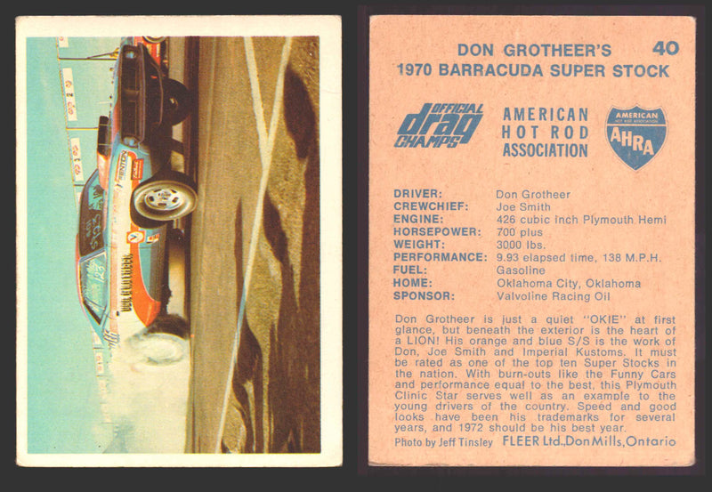 AHRA Official Drag Champs 1971 Fleer Canada Trading Cards You Pick Singles #1-63 40   Don Grotheer's                                   1970 Barracuda Super Stock  - TvMovieCards.com